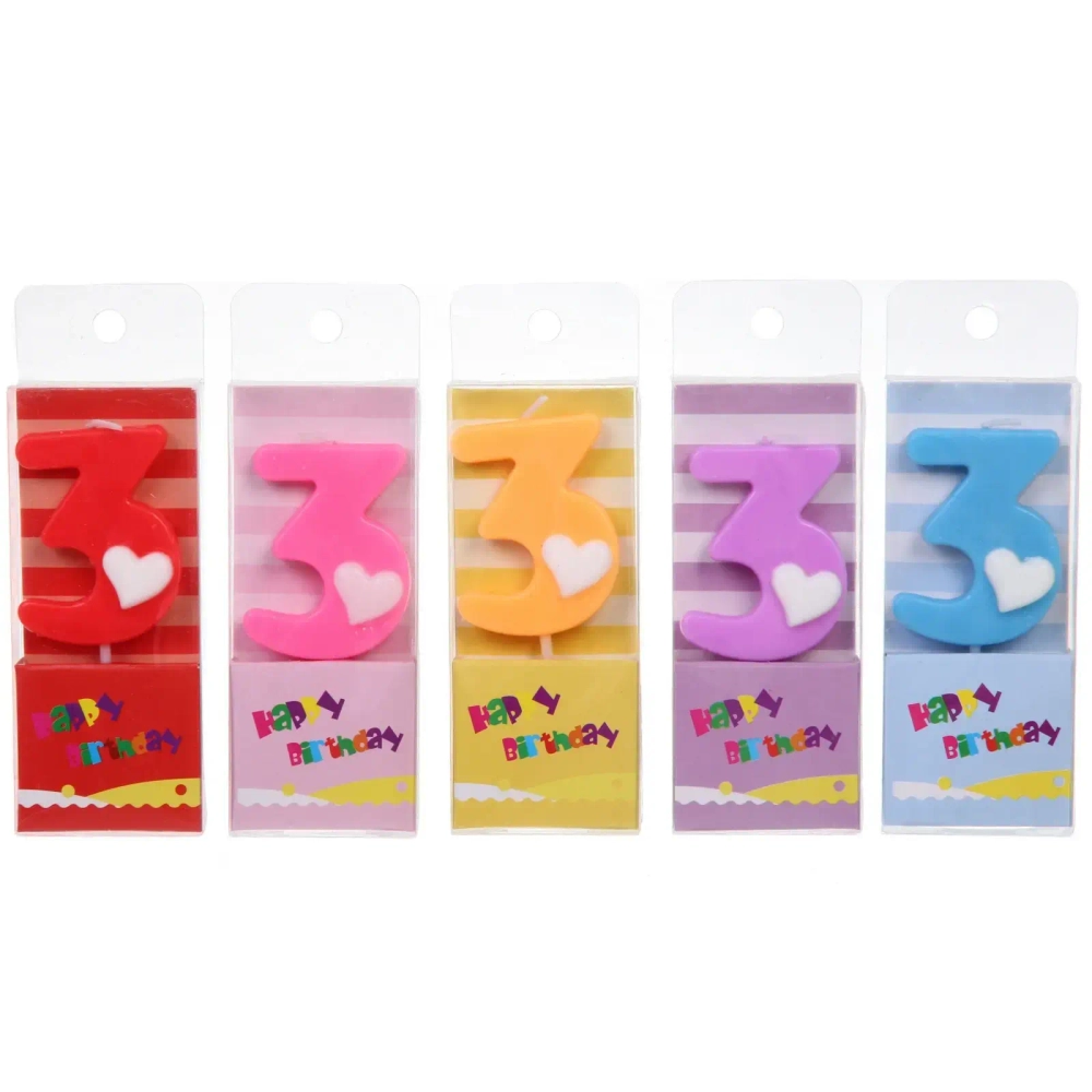 Свеча для торта Цифра Сердечко «3» 9 см, микс цветов