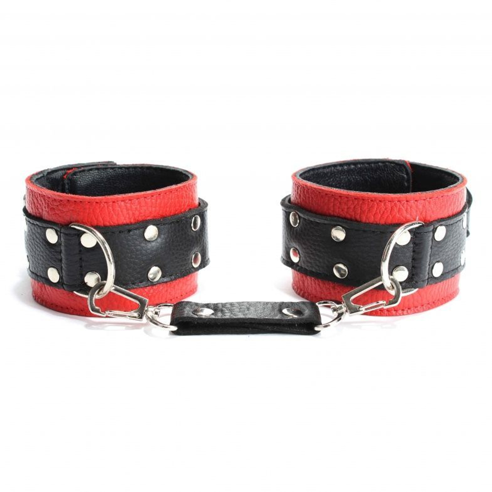 Красно-чёрные наручники из натуральной кожи (Цвет: красный с черным)