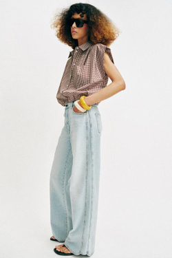 ZARA УКОРОЧЕННАЯ РУБАШКА В КЛЕТКУ ВИШИ, КОРИЧНЕВЫЙ/БЕЛЫЙ
