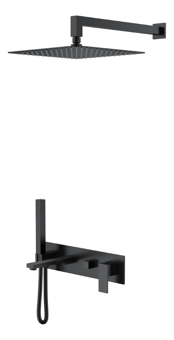 Смеситель встроенный + верхний+ ручной душ Qubic Matt Black с изливом