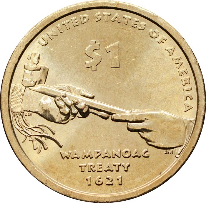 1 доллар (dollar) 2011 P США «Коренные Американцы - договор с Вампаноагами(трубка мира)»