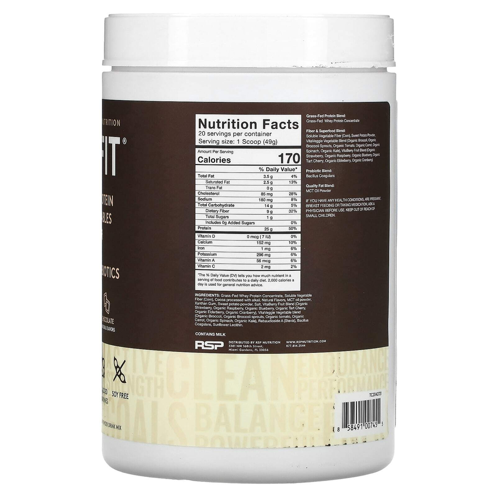 RSP Nutrition, TrueFit, сывороточный протеиновый коктейль из экологически чистых ингредиентов, шоколад, 940 г (2 фунта)
