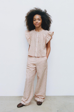 ZARA БРЮКИ ПРЯМОГО КРОЯ С ВЫШИВКОЙ, ЦВЕТ РОЗОВОГО ДЕРЕВА