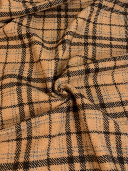 Костюмная шерсть принт клетка, абрикос/коричневый, AVI#34