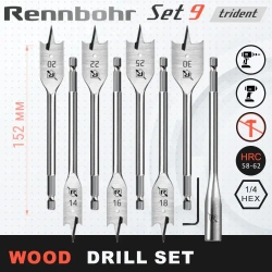 Набор перовых сверл по дереву 9 шт. RENNBOHR с удлинителем и ключом (14, 16, 18, 20, 22, 25, 30 мм)