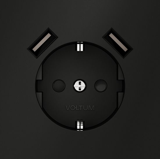 Розетка встраиваемая VOLTUM S70 с заземлением и защитными шторками, 16А, с USB, A+A, (черный матовый