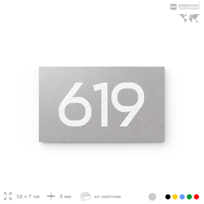 Номер на дверь 619, табличка на дверь для офиса, квартиры, кабинета, аудитории, склада, серая 120х70 мм, Айдентика Технолоджи