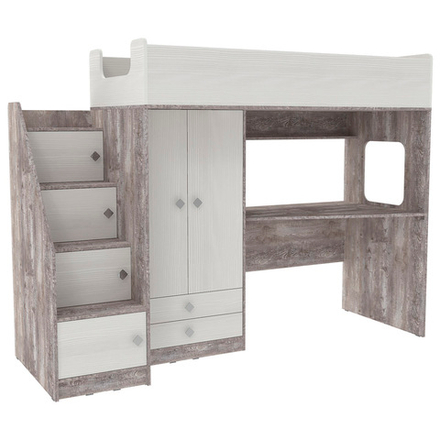 Кровать-чердак КарИВи Л-А606.3 80х190 Бетон Белое Дерево