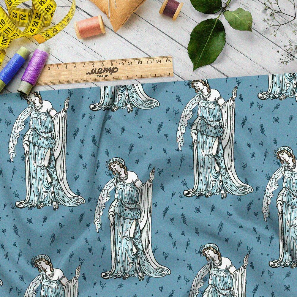 Ткань блэкаут древнегреческие богини на голубом фоне