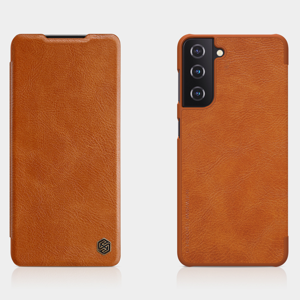 Кожаный чехол книжка коричневого цвета от Nillkin для Samsung Galaxy S21+, серия Qin Leather