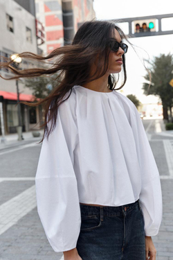 ZARA РУБАШКА ИЗ ПОПЛИНА С РУКАВАМИ-БУФАМИ, БЕЛЫЙ