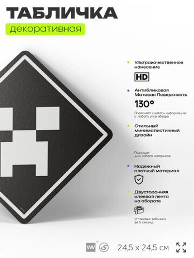 Табличка декоративная "Майнкрафт, Крипер, Minecraft" на дверь и стену, прикольная штука в подарок геймеру, декоративный знак, 24,5х24,5 см, Айдентика Технолоджи