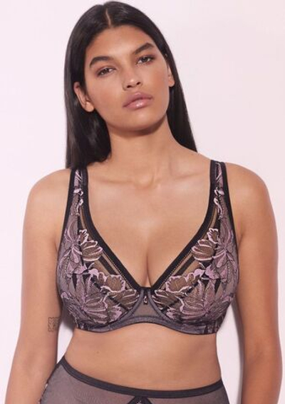 Бюстгальтер-бралетт Glossy Iris с мягкими чашками +size и эффектом мерцания (Размер: 90B) (Цвет: черный с розовым)