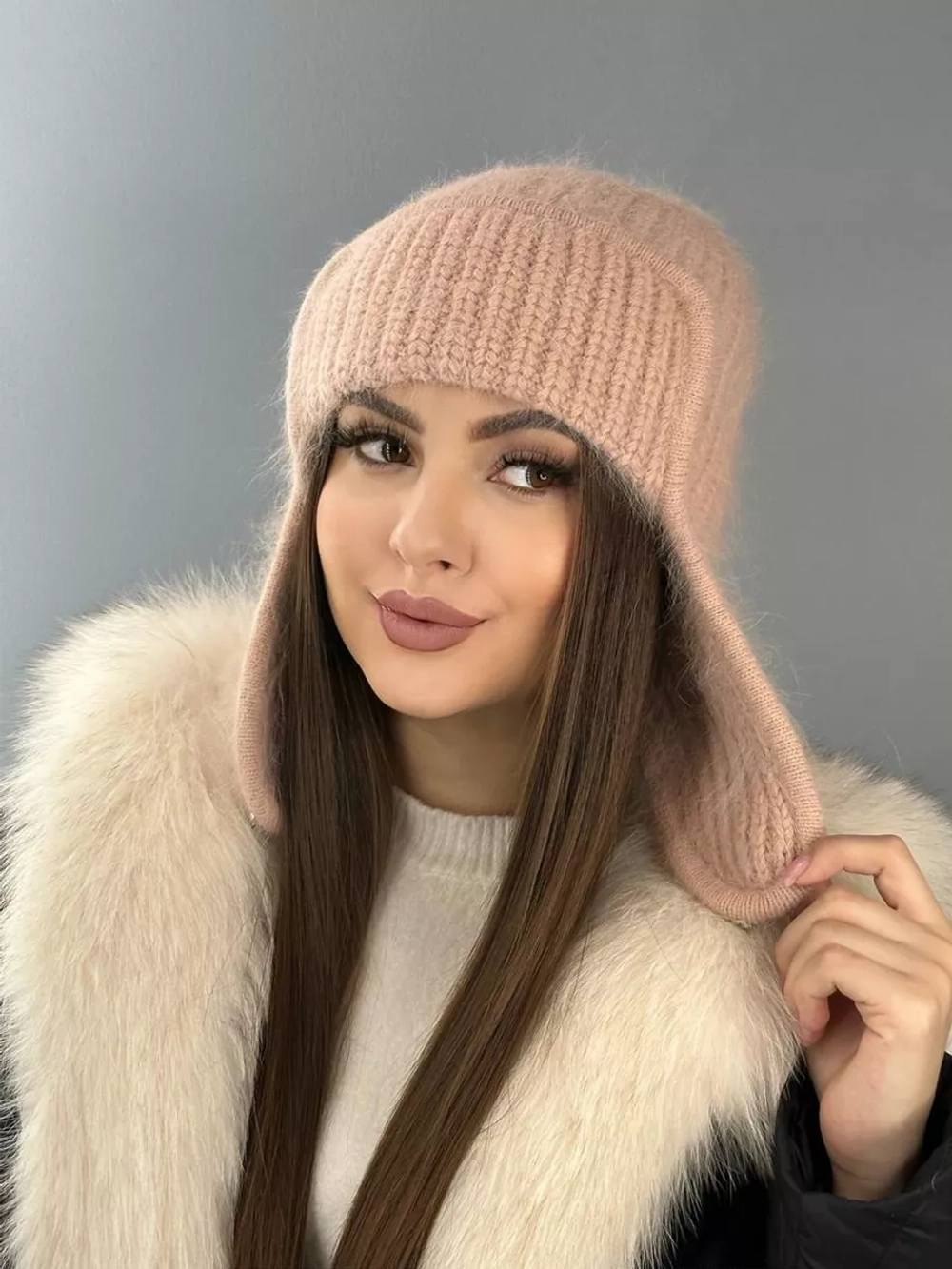 шапка ушанка вязаная зимняя ангора пушистая
