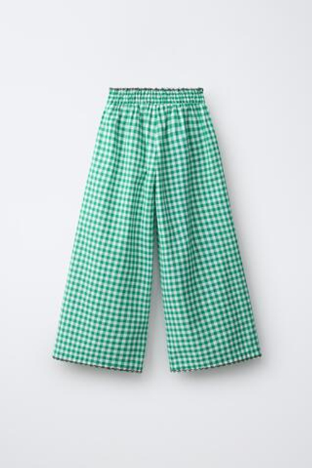 ZARA БРЮКИ WIDE LEG В КЛЕТКУ ВИШИ, БЕЛЫЙ/ЗЕЛЕНЫЙ