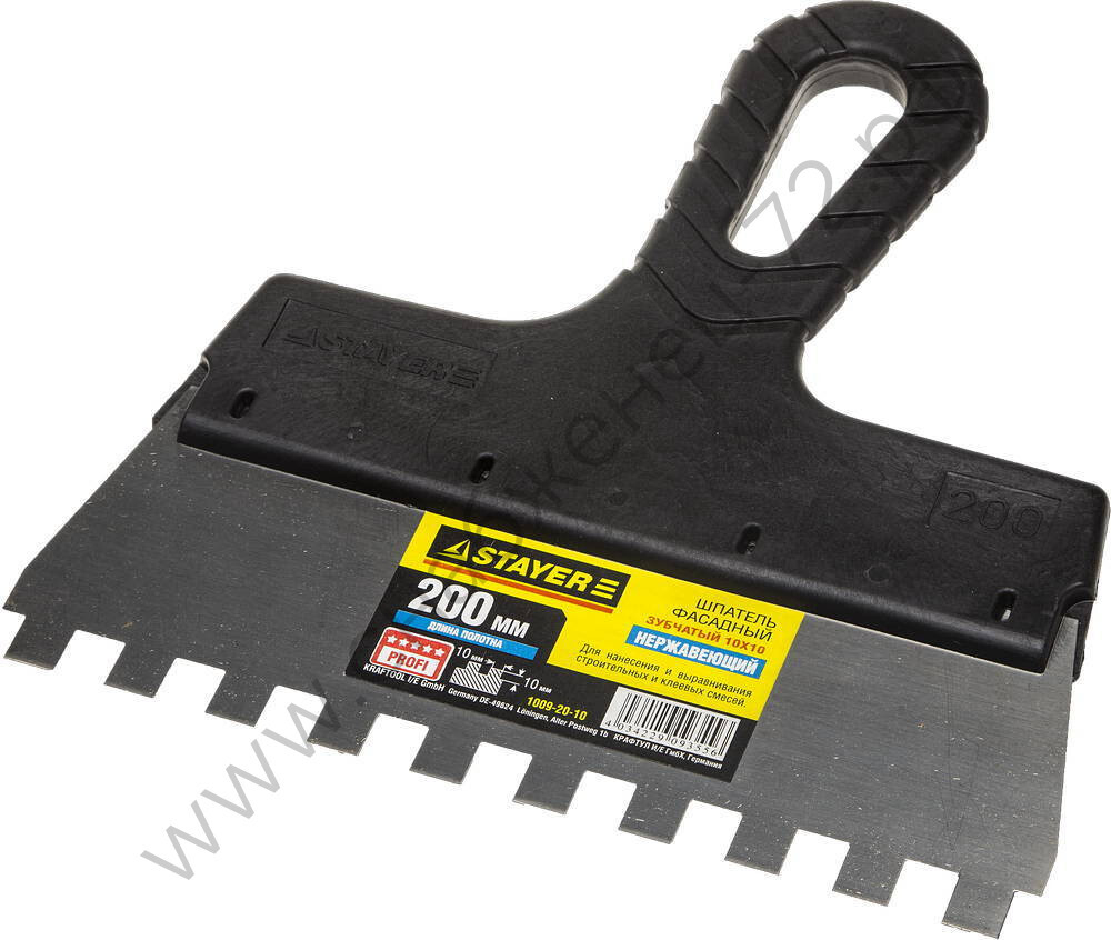 STAYER ProFLat 200 мм, зуб 10х10 мм, пластиковая ручка, зубчатый, нержавеющий, Фасадный шпатель, PROFESSIONAL (1009-20-10)