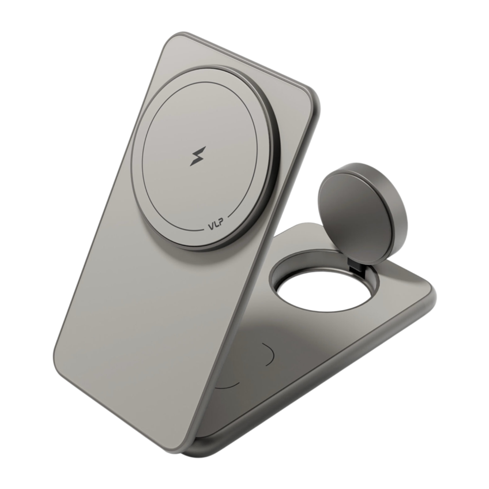 Складная зарядная станция MagSafe VLP Alum Power Pro для iPhone, Apple Watch и AirPods (Qi2) Беспроводная зарядка: Qi 15 Вт, Qi 5 Вт, магнитное крепление для зарядки Apple Watch (Qi 3 Вт). Проводная зарядка: нет. Сертификация Qi2. Отсутствует LED-индикаци
