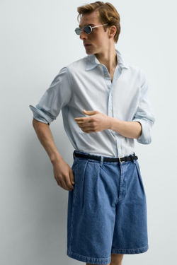 ZARA ДЖИНСОВЫЕ ШОРТЫ RELAXED FIT С ЗАЩИПАМИ, СИНИЙ