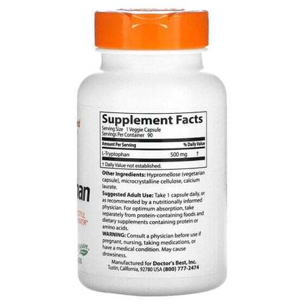 Doctor's Best, L-триптофан с TryptoPure, 500 мг, 90 растительных капсул