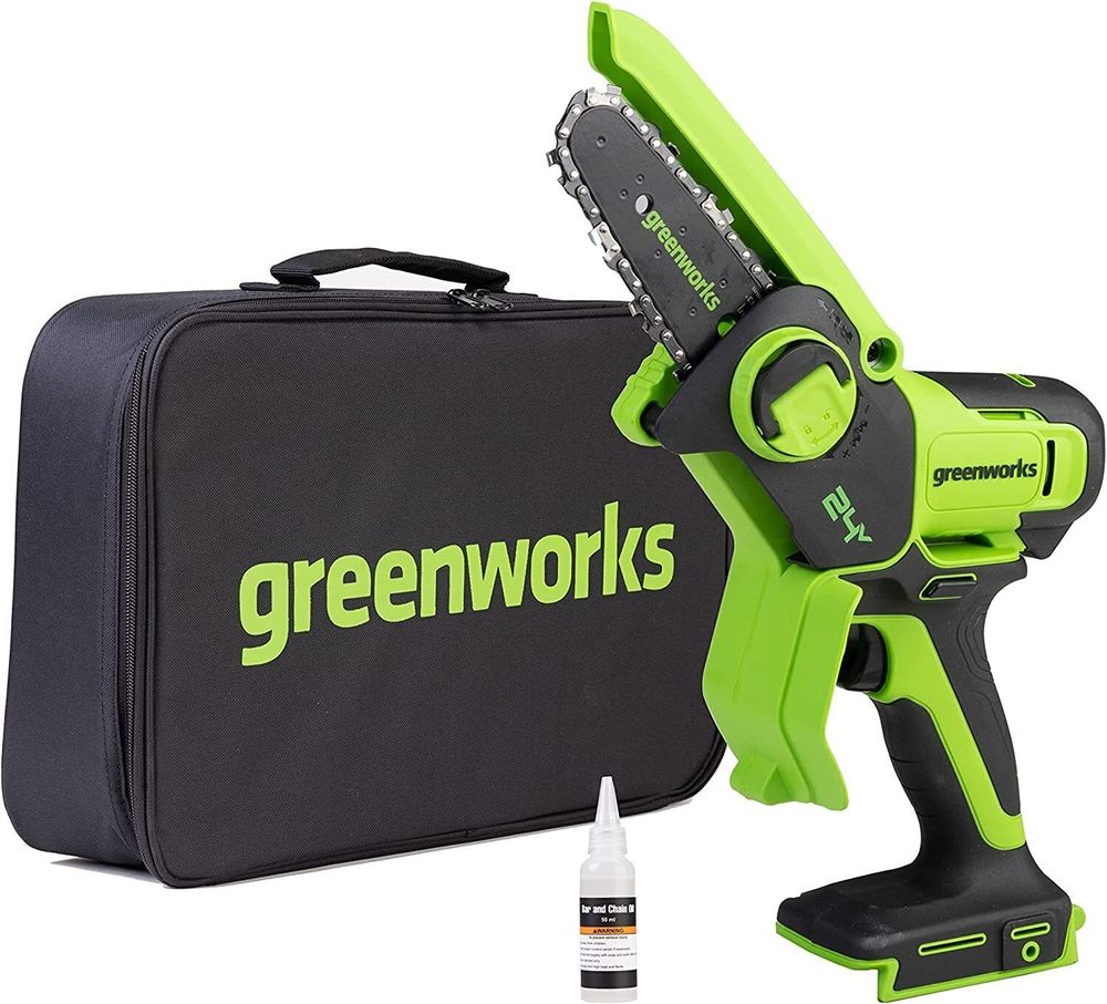 Цепная мини пила аккумуляторная Greenworks G24MCS10k4 Арт. 2008207UB, 24V, 10см, c АКБ 4 А·ч и ЗУ в сумке