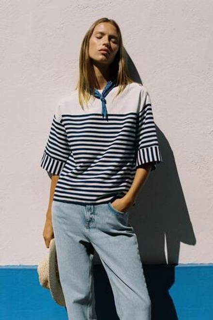 ZARA ПОЛОСАТАЯ РУБАШКА ИЗ ЛЬНА, СИНИЙ/БЕЛЫЙ