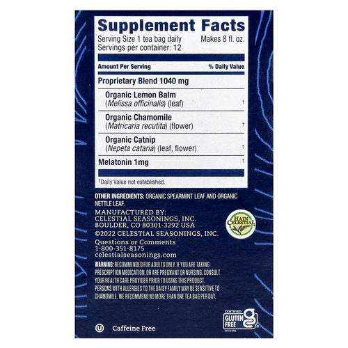 Celestial Seasonings, Tea Well, для сна, ромашка и мята, без кофеина, 12 чайных пакетиков, 14 г (0,5 унции)