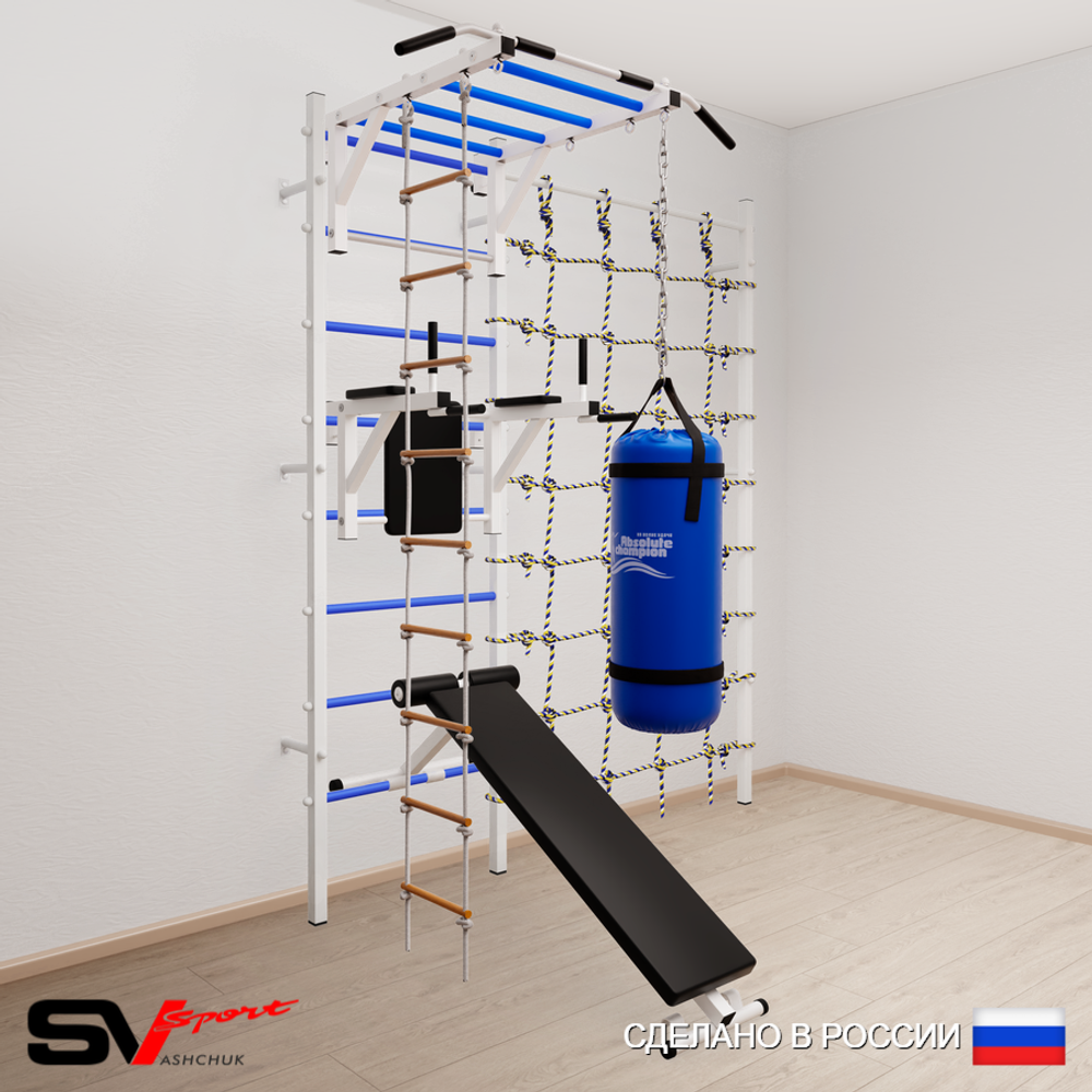 Шведская стенка Sv Sport 55230 (Турник рукоход/Брусья/Скамья/Лестница/Цепь/Мешок 30кг/Канатный лаз)