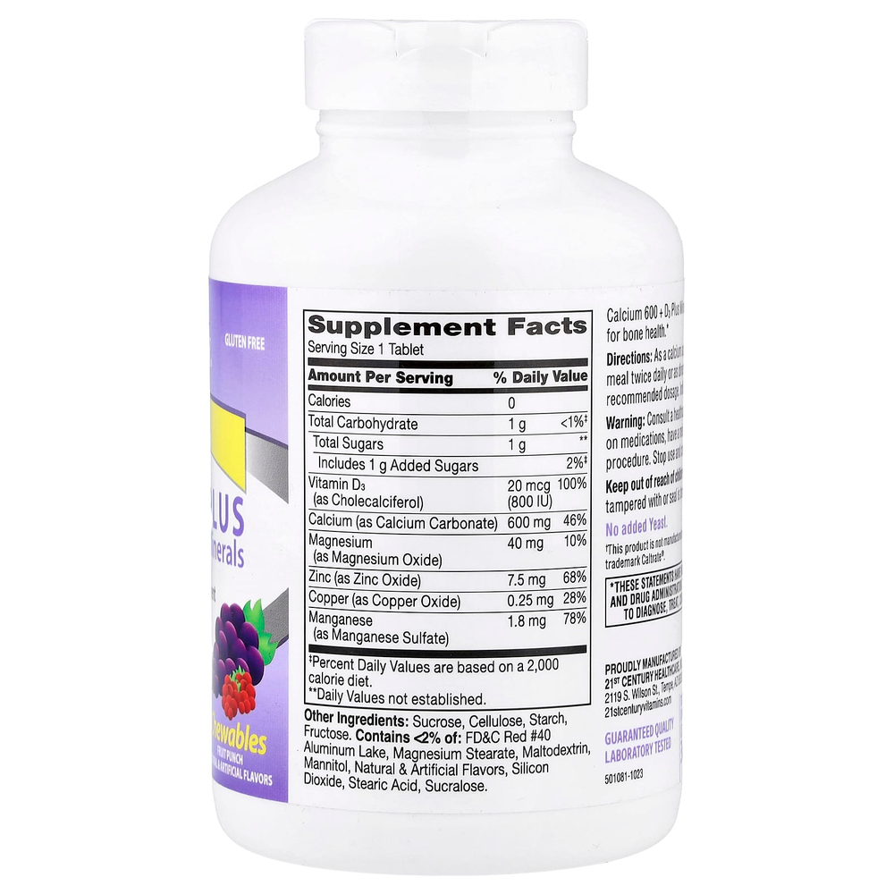 21st Century, 600 + D3 Plus Minerals, фруктовый пунш, 75 таблеток