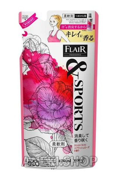 Кондиционер для белья дезодорирующий с ароматом персика, личи и розы 420 мл KAO Flair fragrance & sports (мягкая упаковка)