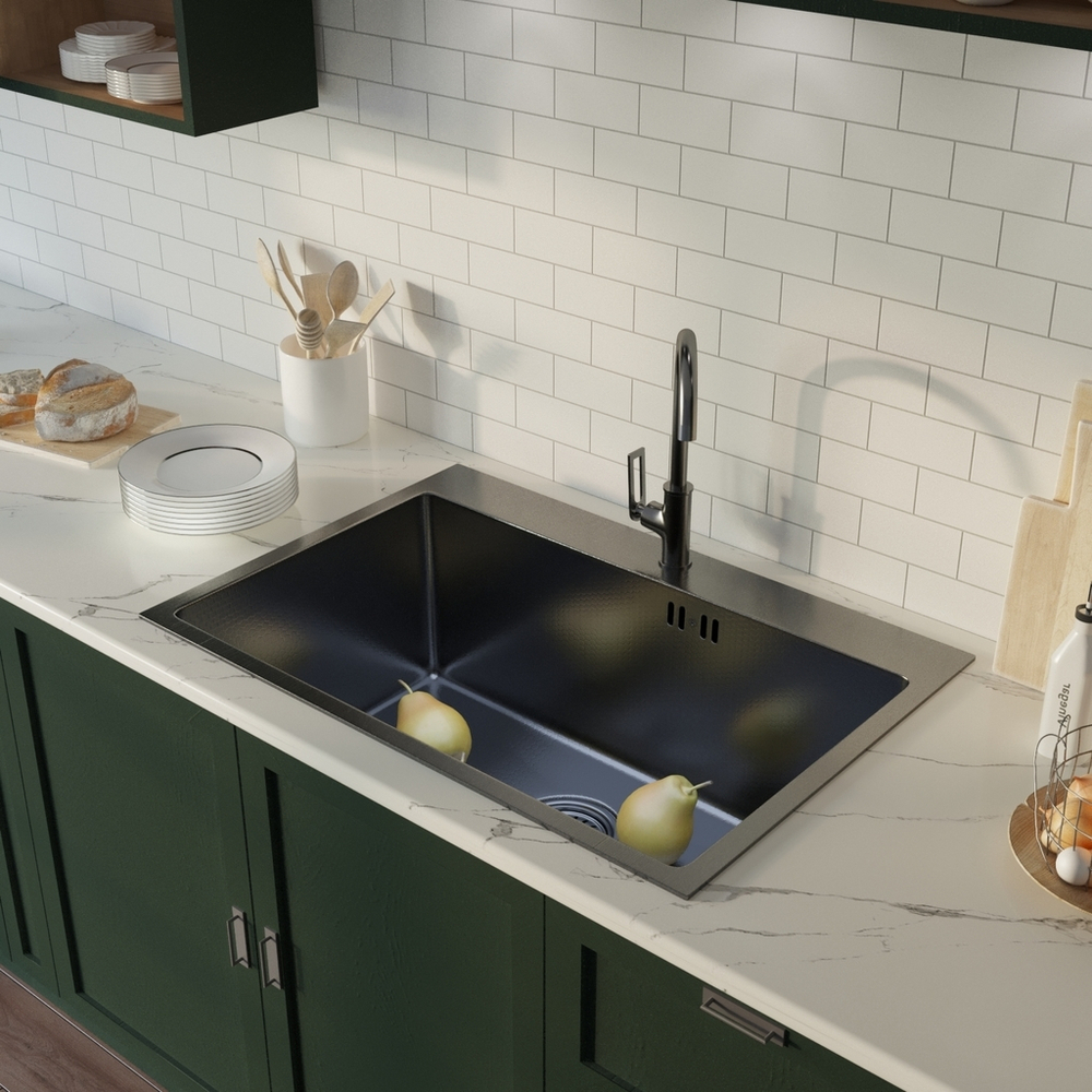 Мойка настол.монтаж 65х45 (3,0) вып 3 1/2  MIXLINE PRO 22см с сифоном (черный графит НАНО декор)