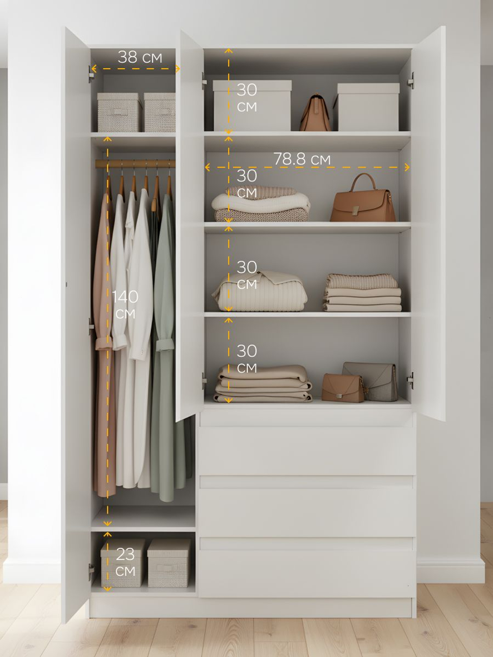 Шкаф 121х51х208, Марм, распашной для одежды, 3 двери 3 ящика, со штангой и полками, в прихожую, белый, Dipriz