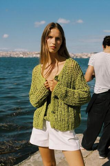 ZARA КАРДИГАН АЖУРНОЙ ВЯЗКИ, ЗЕЛЕНЫЙ