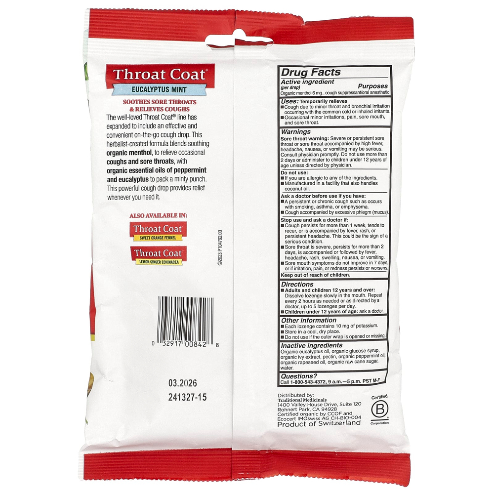 Traditional Medicinals, Organic Throat Coat®, эвкалиптовая мята, 30 леденцов от кашля с ментолом