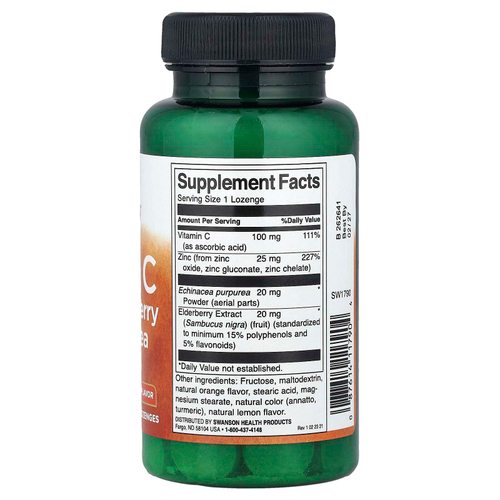 Swanson, Цинк и витамин C с бузиной и эхинацеей, апельсином и лимоном, 60 пастилок