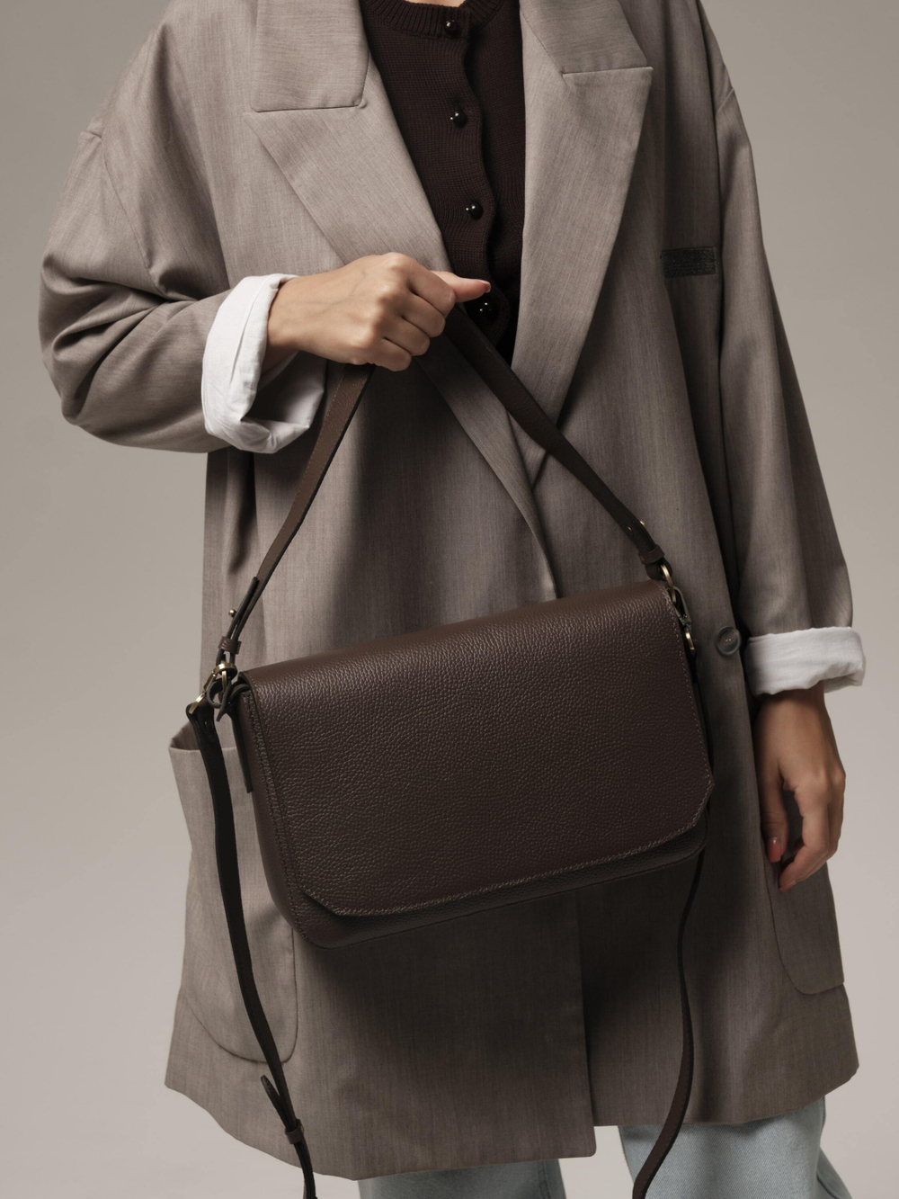 Сумка кожаная на плечо коричневый торф