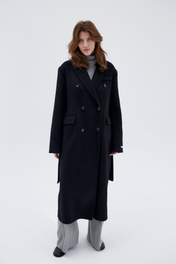 Пальто двубортное из шерсти мериноса и кролика черный