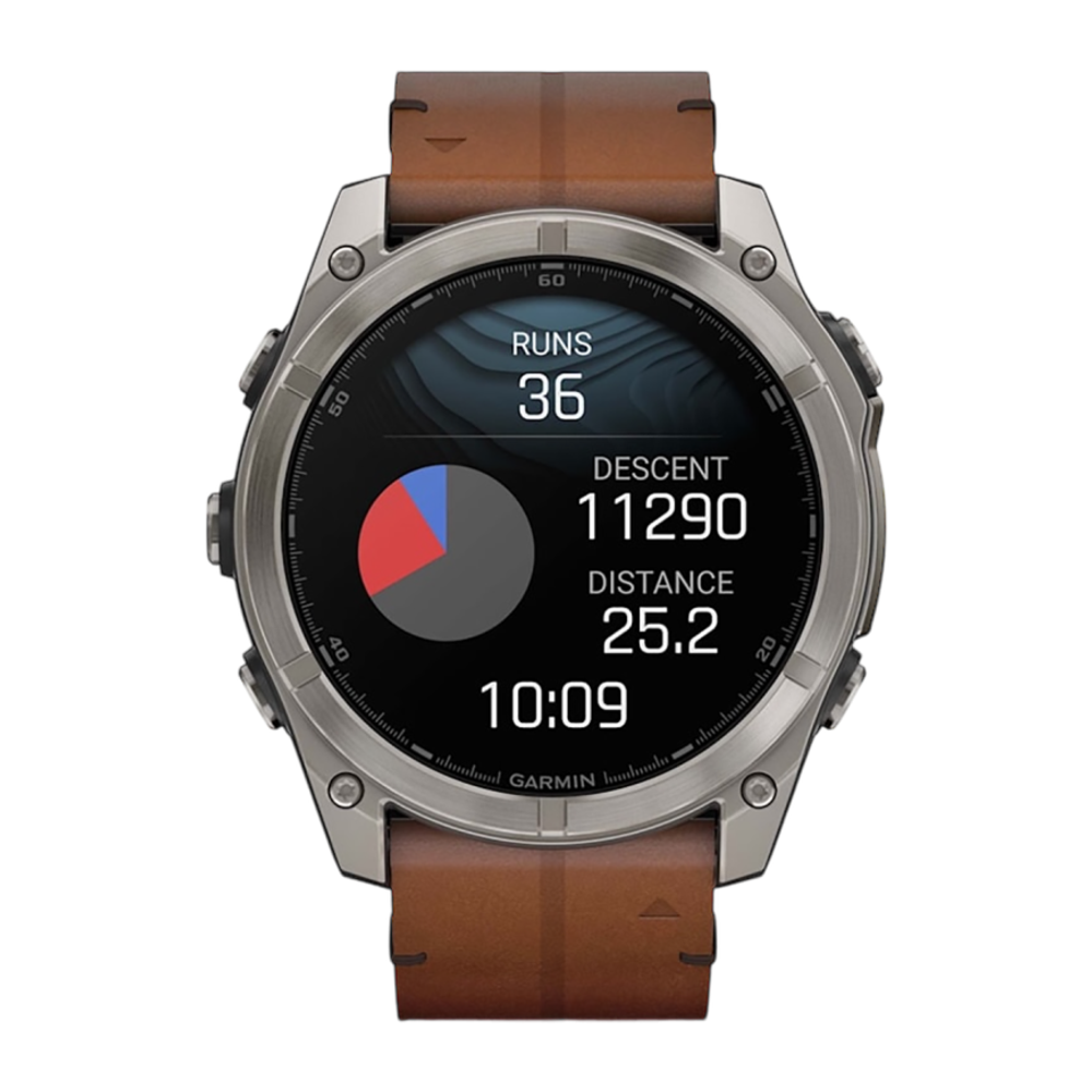 Спортивные часы Garmin fenix 8, 51 мм, AMOLED, каштановый кожаный ремешок, силиконовый ремешок цвета чёрный/«серая галька» Безель из титана, AMOLED-дисплей. Кожаный ремешок и силиконовый ремешок с классическими застёжками — на запястье обхватом 135–213 мм