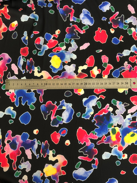 Плательная принт, пятна синий/желт/фукс на черном BAVARIA D96