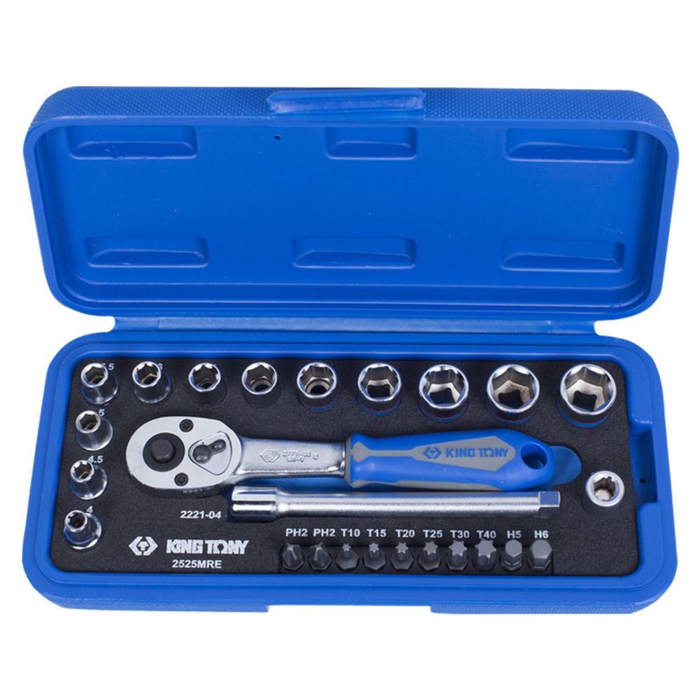 KING TONY (2525MRE) Набор торцевых головок с принадлежностями 1/4", 6-гранные, 4-13 мм, 25 предметов