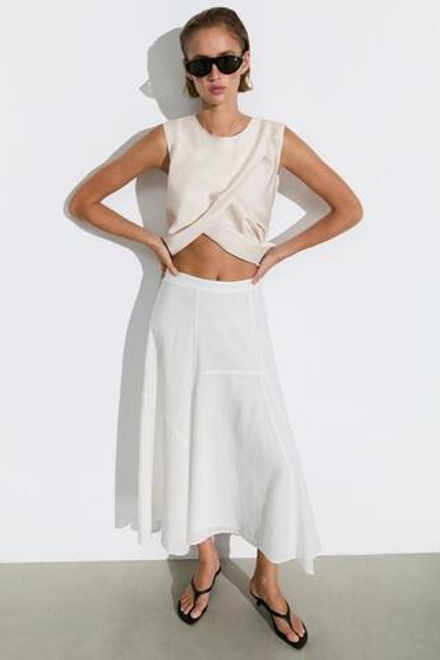 Massimo Dutti Струящаяся юбка миди с декоративной вставкой, белый