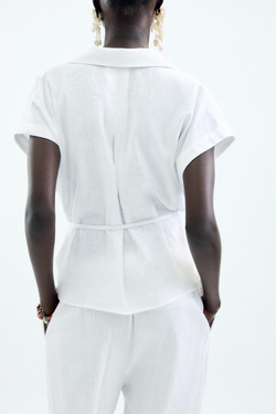 ZARA БЛУЗА ИЗ СМЕСОВОГО ЛЬНА С ПОЯСОМ, БЕЛЫЙ