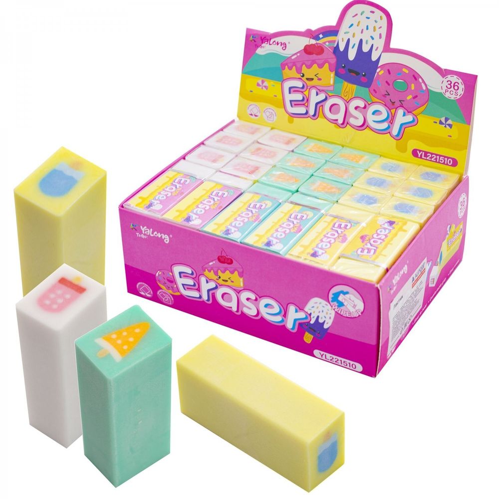 Ластик Yalong, синтетический каучук, прямоугольный, цвет ассорти, 50*20*15 мм, картонная коробка, "Сладости"