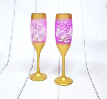 Свадебные бокалы , золото с темно-розовым, Совет да любовь, марганец