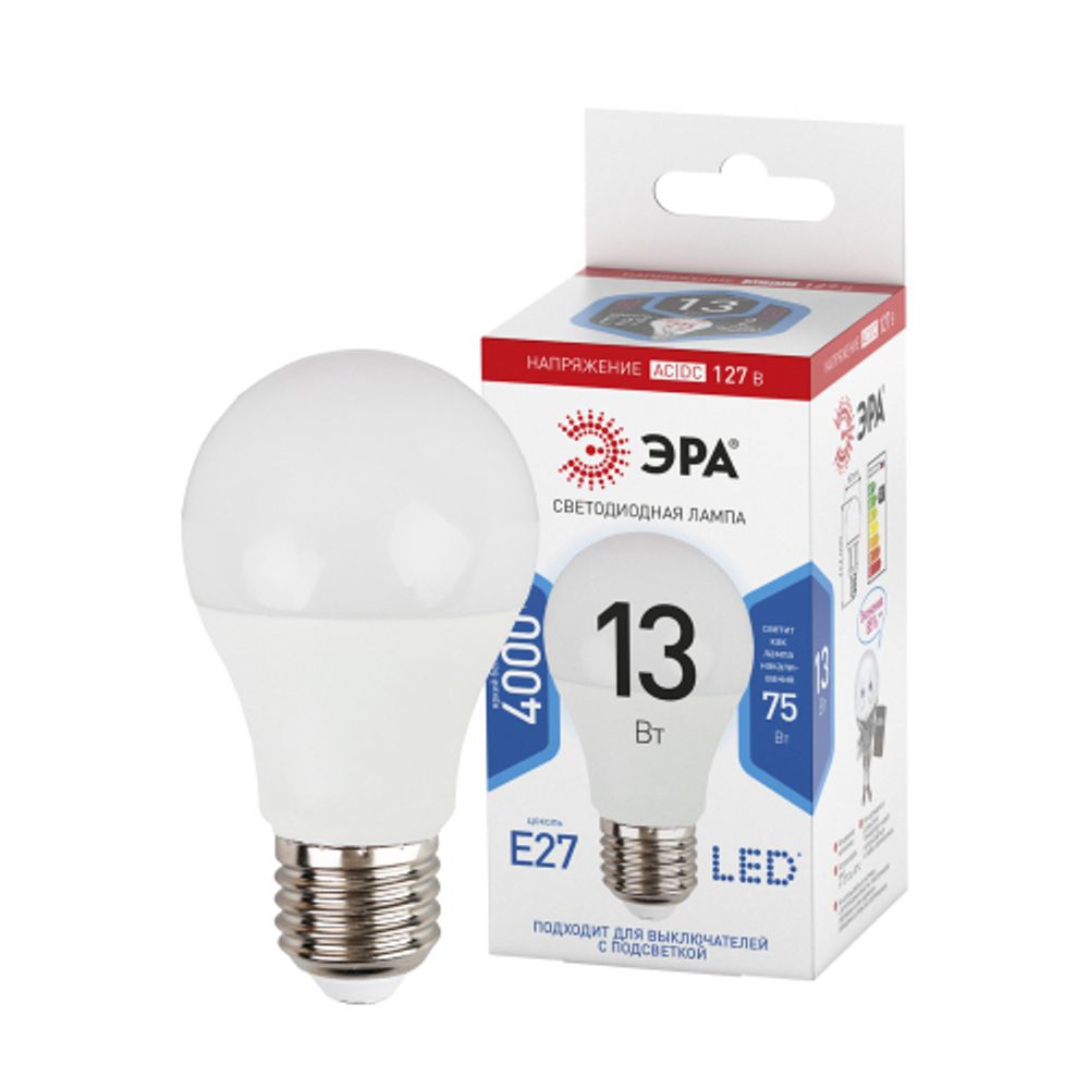 Лампочка светодиодная ЭРА STD LED A60-13W-127V-840-E27 E27 / Е27 13Вт груша нейтральный белый свет