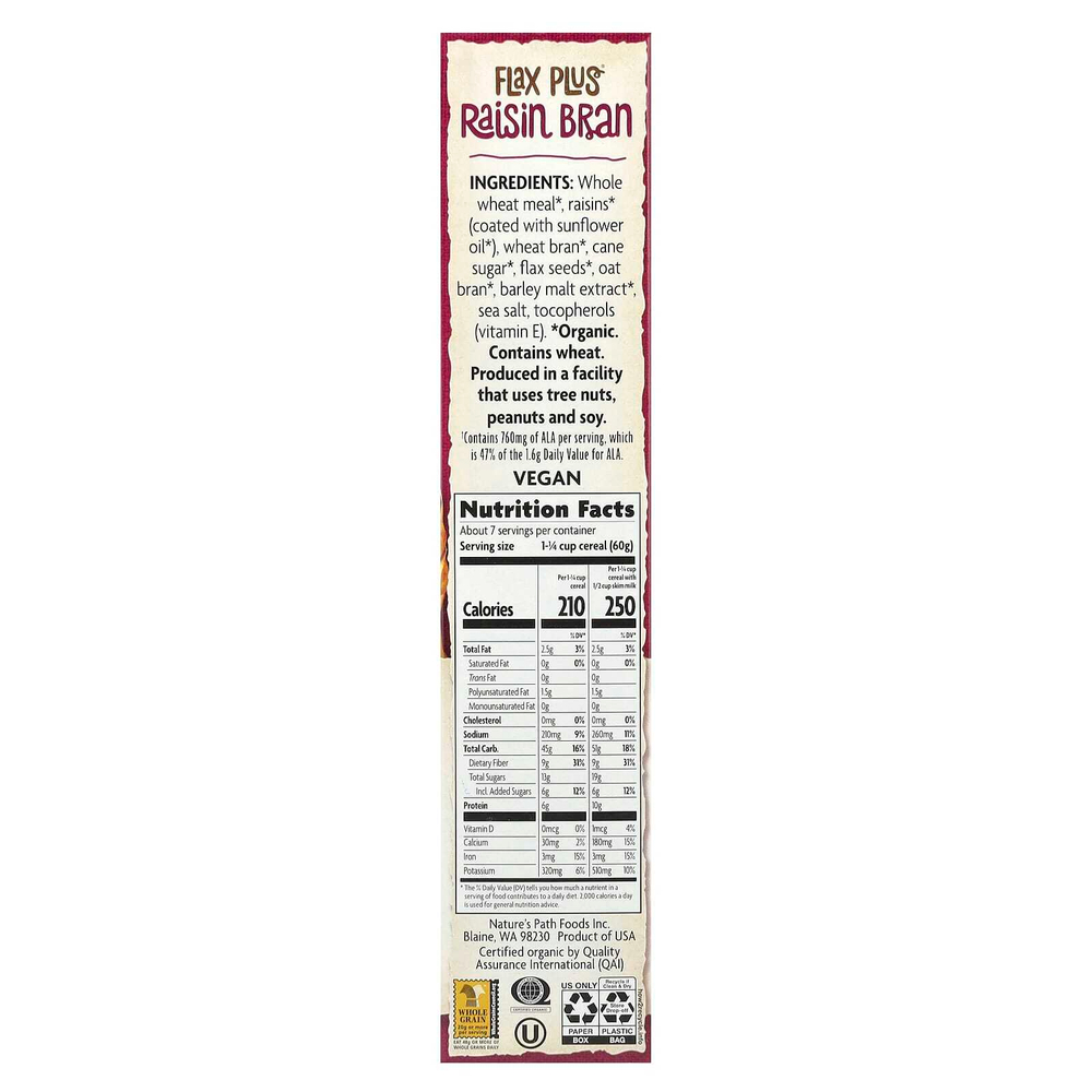 Nature's Path, Organic, Flax Plus, хлопья, отруби с изюмом, 400 г (14 унций)