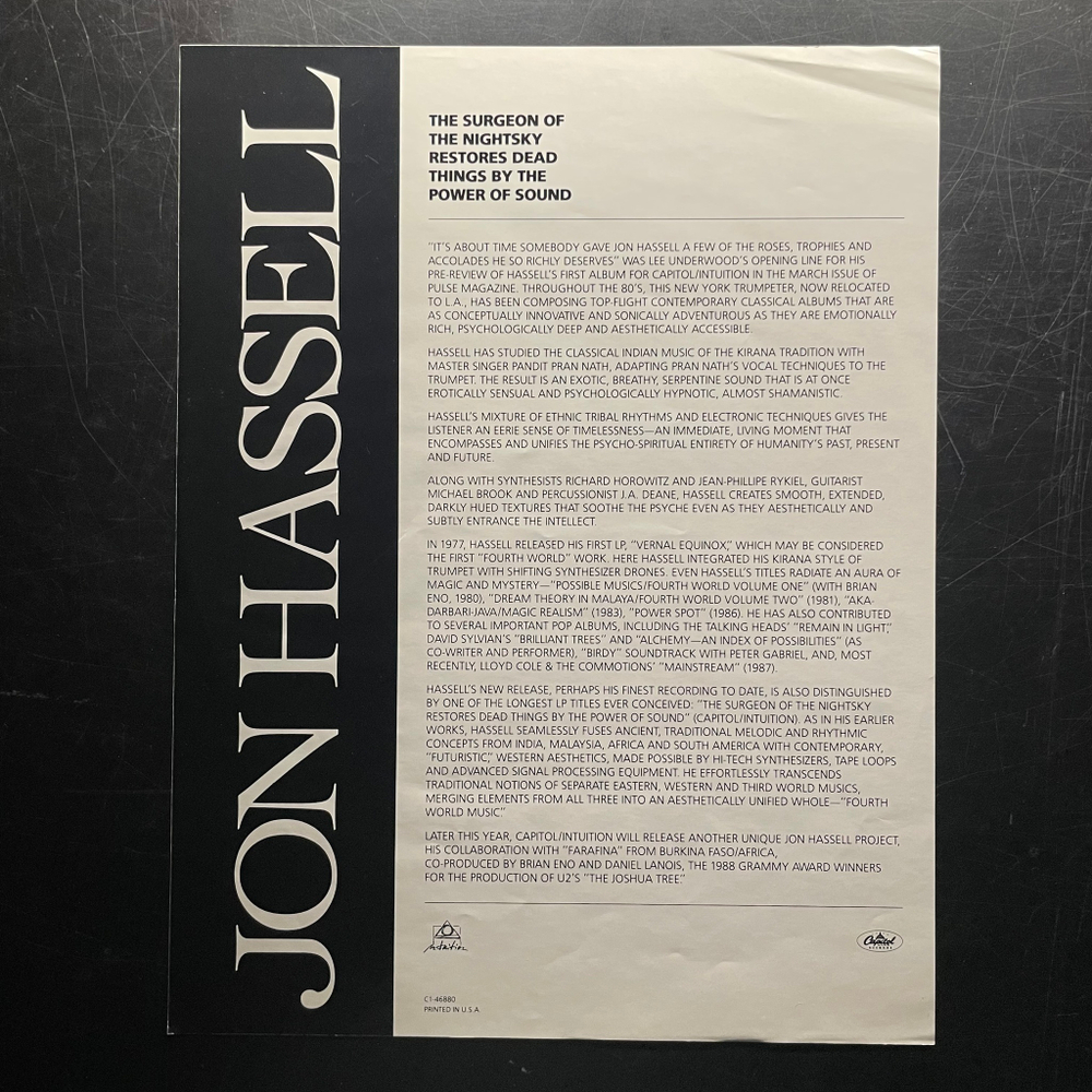 Jon Hassell ‎– The Surgeon Of The Nightsky Restores Dead Things By The Power Of Sound (США 1987г.)