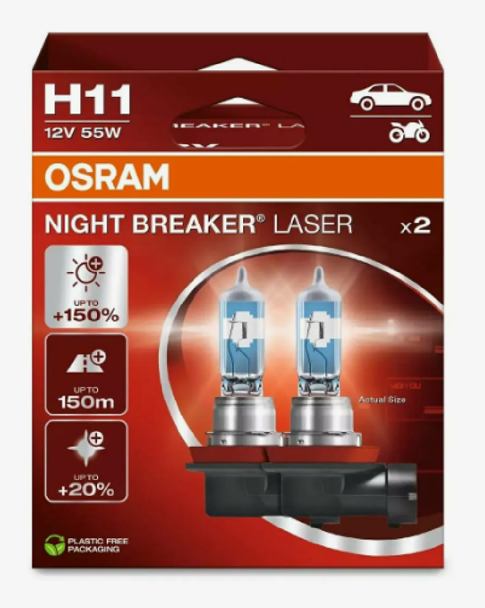 Автолампа H11 12V 55W (PGJ19-2) Osram +150% NIGHT BREAKER LASER (64211NL-2HB) (карт уп) к-т ORIGIN