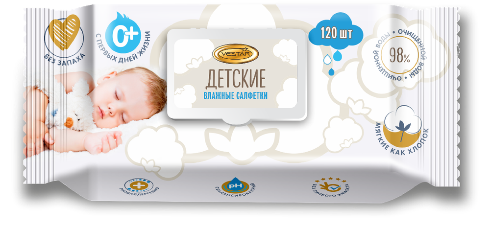 Салфетки влажные ДЕТСКИЕ 120 шт в упаковке ВЕСТАР арт. D3, D4