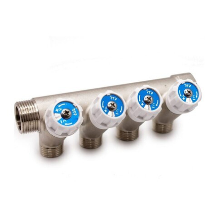 Коллектор с вентилями 3/4"х1/2", латунь, наружная резьба 3/4"х1/2"х4 (39507)