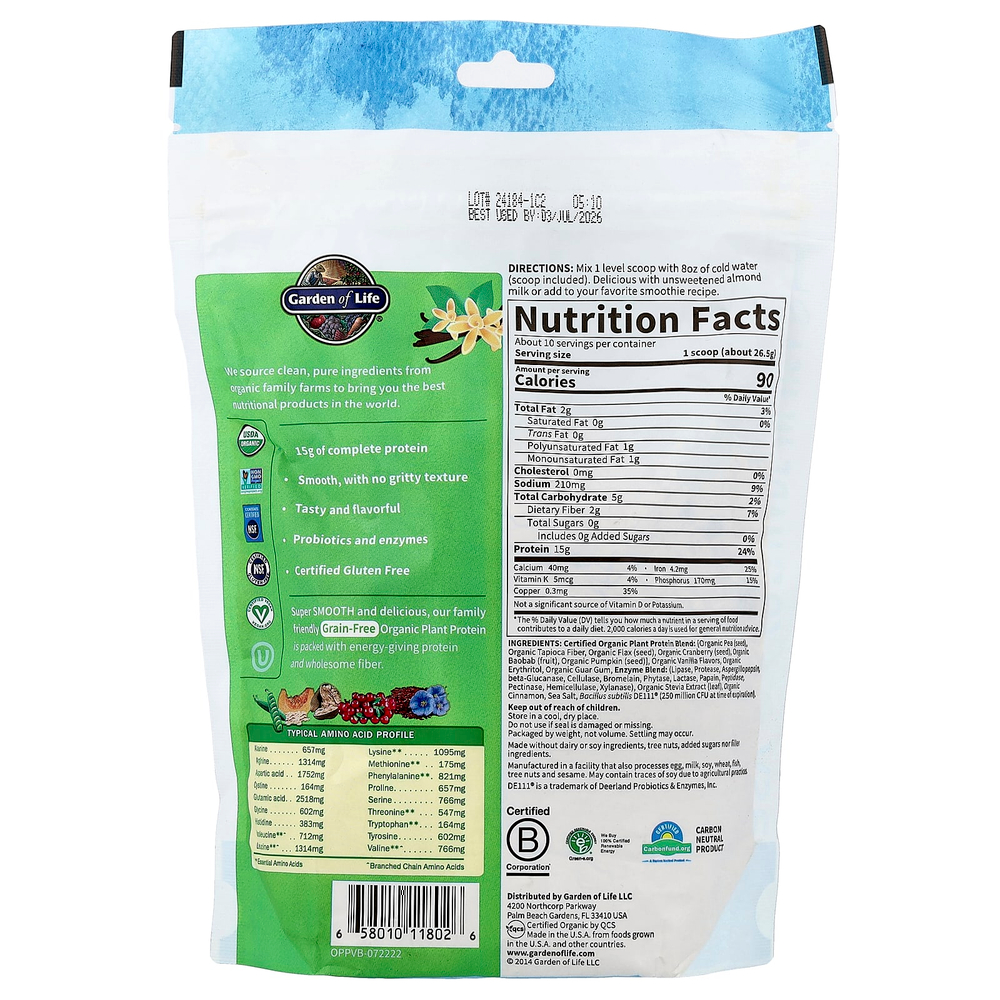 Garden of Life, Органический растительный протеин, без зерен, гладкая ваниль, 9,4 унции (265 г)